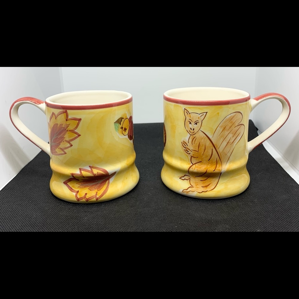 April Cornell 2002 Squirrel Fall Leaves-10oz  (2) Pair of Mugs  RN77578 Thailand